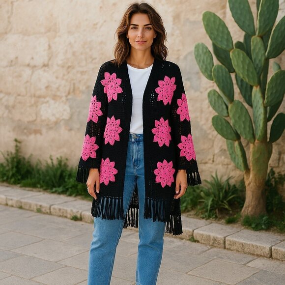 Vintage Handmade Black Crochet Shawl Hot Pink Flower Patches, Fringed, 7… - Picture 12 of 12